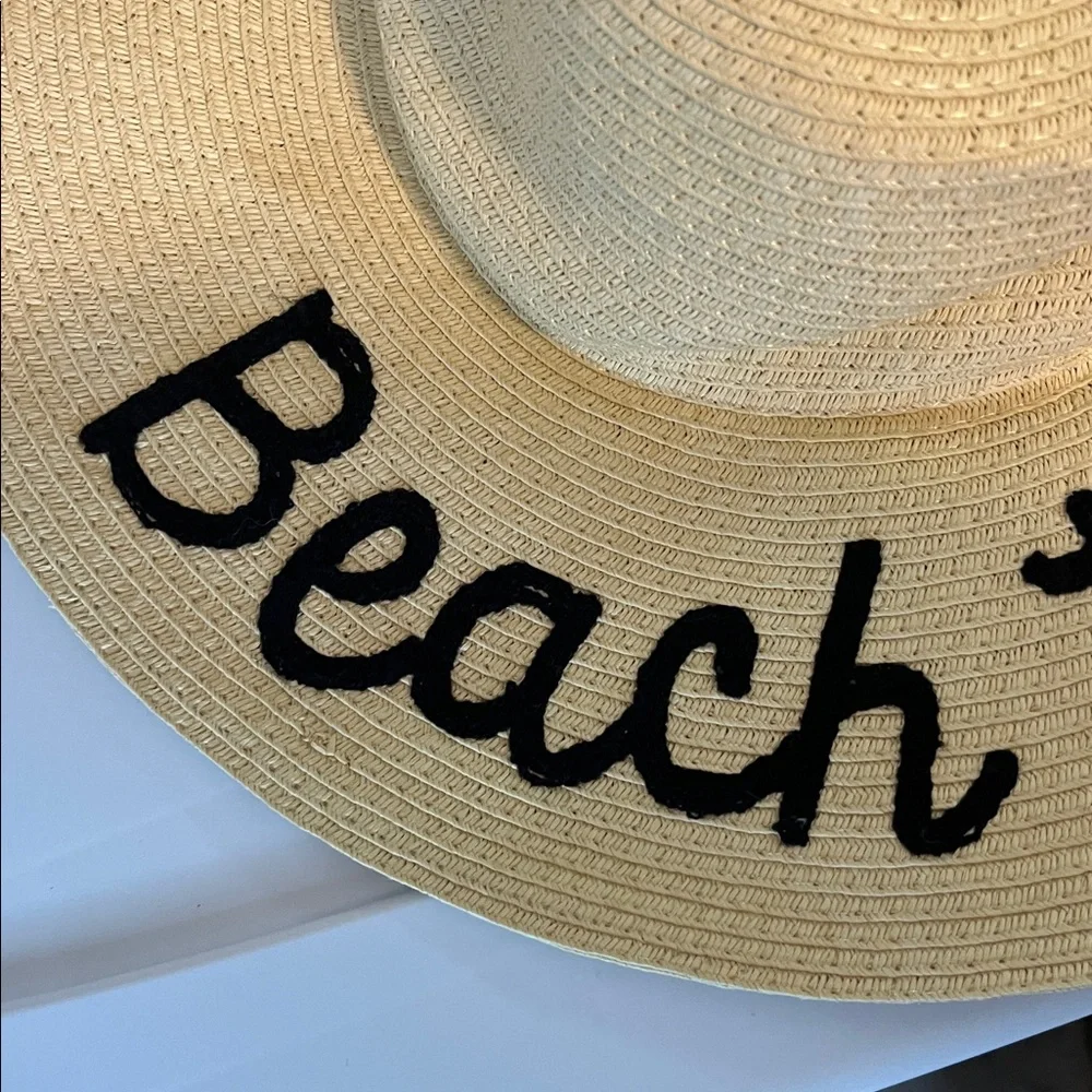 NWOT Sun Beach Hat Floppy Wide Brim Woven Embroidered Beach Please‎ - Picture 2 of 6